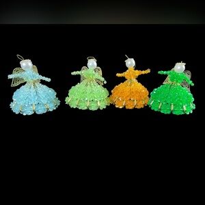 Vtg Beaded Safety Pin Handmade Angels Figurines  Or Ornaments Decor Set of 4.